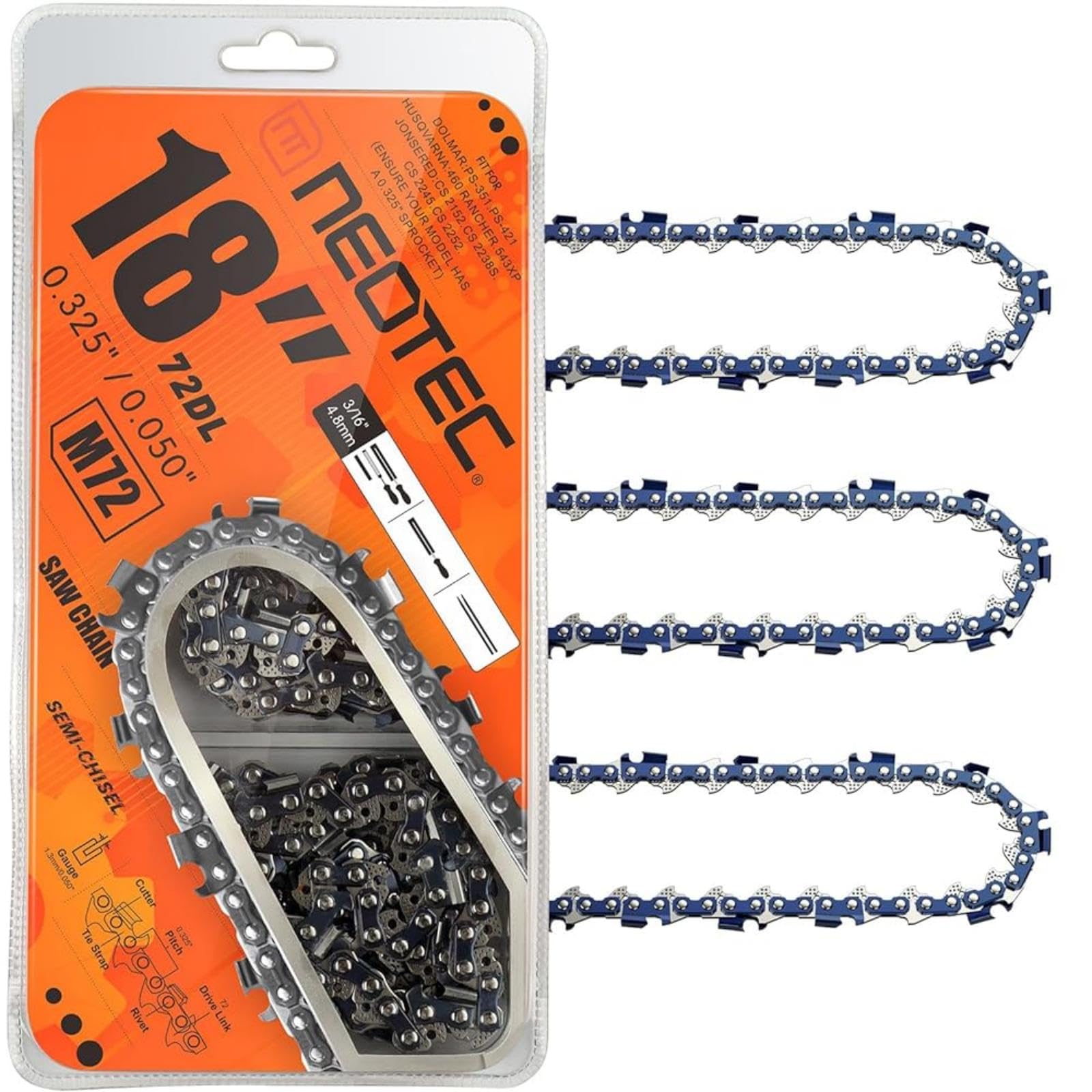 Photo 1 of 18 Inch Chainsaw Chain,0.325" Pitch .050" Gauge 72 Drive Links Fits For 440, 445, Fit for Echo CS-400, Jonsered - 591094872, 20lpx072g, and More H72 M72 (3 Chains)