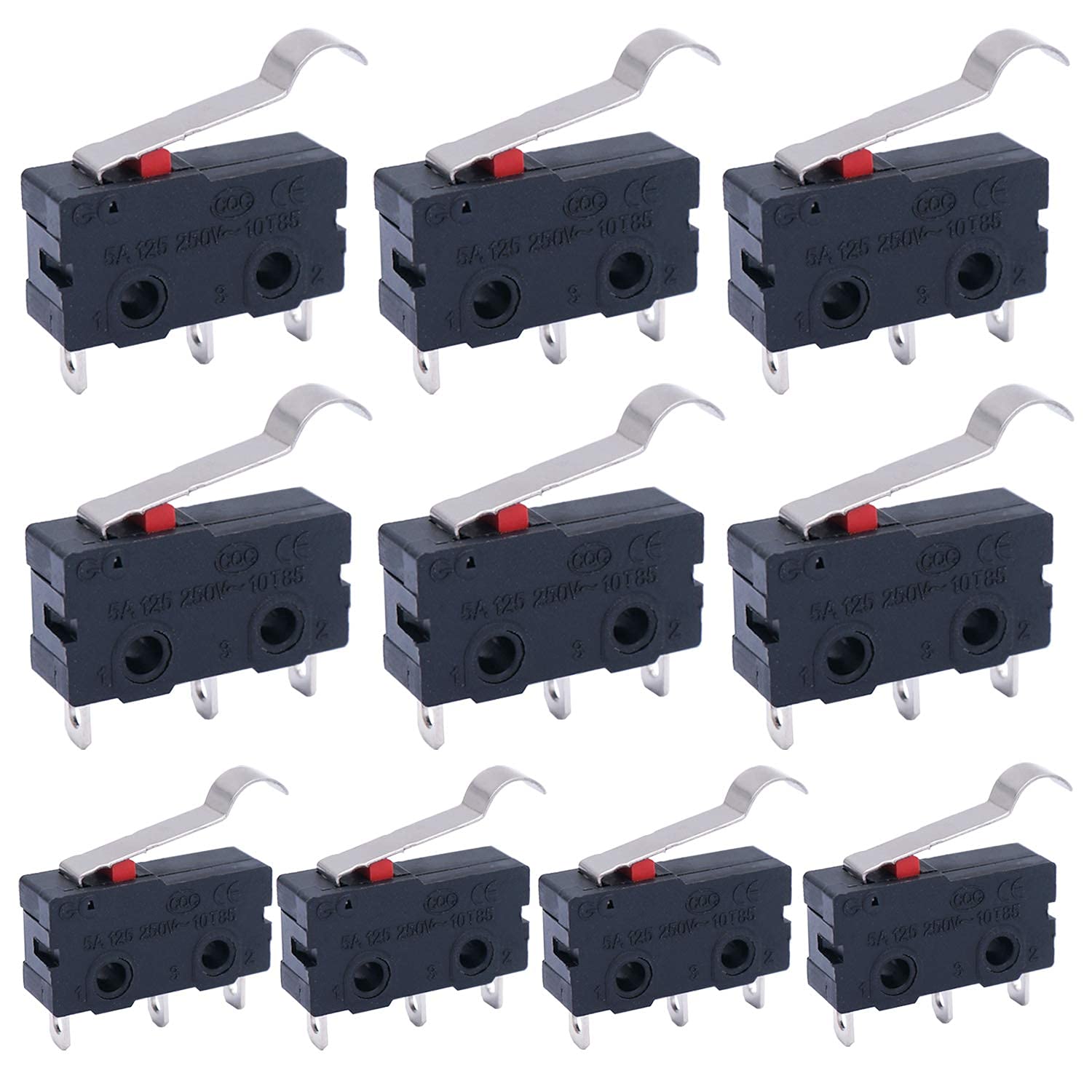 mxuteuk 10Pcs Mini Micro Limit Switch 5A 125 250V AC SPDT 1NO 1NC Long Hinge Semi-circular Arc Bending Lever Arm Switch Snap Action Button Type 3 Pins KW11-3Z05