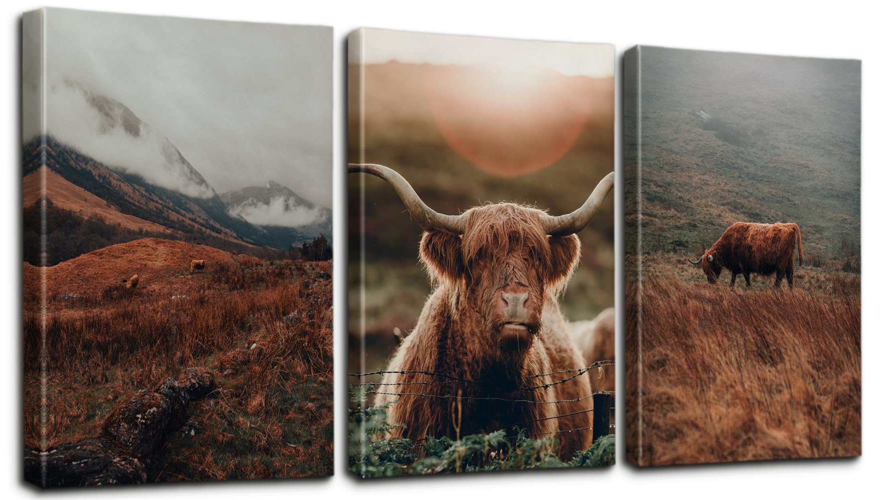 Sungeek Canvas Wall Art Prints 3 Pieces Modern Picture Framed Highland Cow Artwork Paintings for Bedroom Living Room Kitchen Home Wall Decoration Paintings 30 x 40cm
