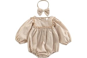 Douhoow Infant Baby Girl Plaid Romper Baby Sweatshirt Romper Ruffle Festival Clothes Fall Winter Outfits with Headband