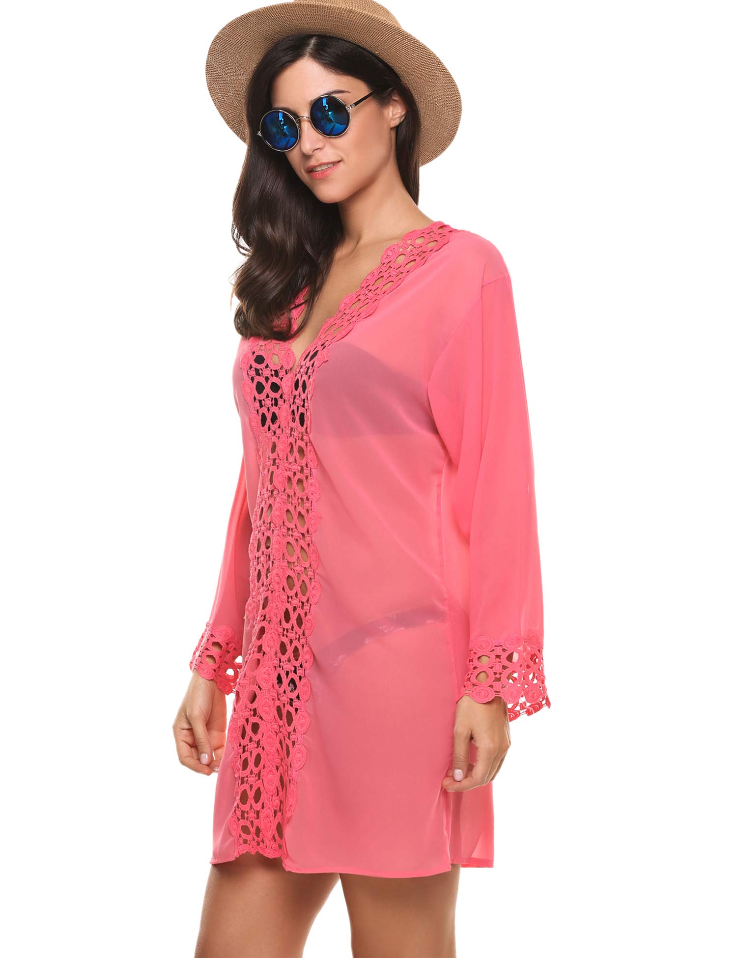 wearella Women\'s Bathing Suits Cover-Ups Chiffon Blouse Beachwear Bikini Swimsuit Pink