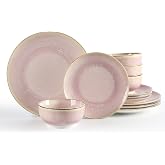 Sweejar Dinnerware Sets Service for 4, 12 pcs Porcelain Plates and Bowls for Kitchen, Housewaring Gift, Chip and Scratch Resistant Dish Set, Handmade Dishwasher and Microwave Safe Plate Set, Pink