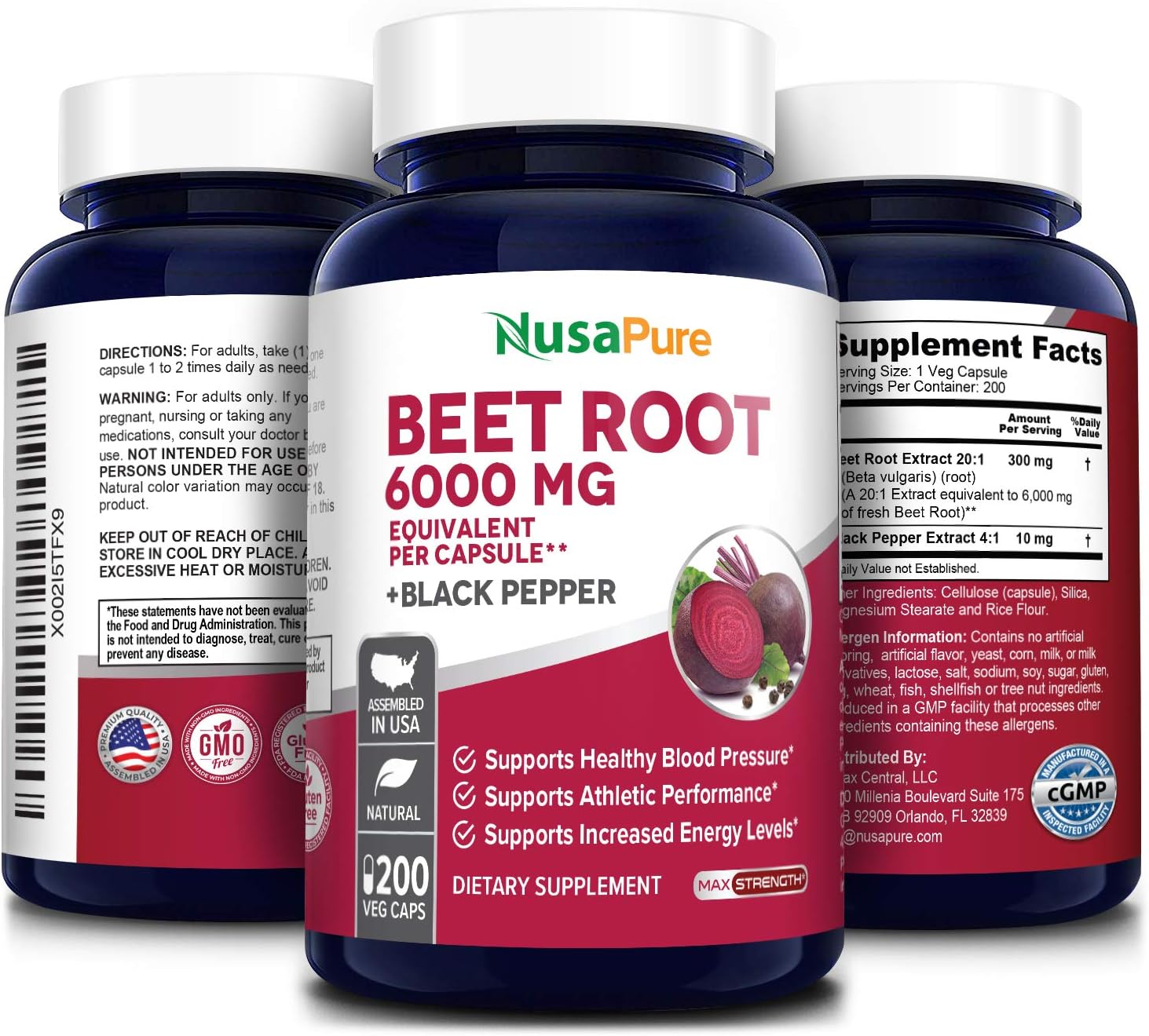 Beet Root 6000 mg 200 Veggie caps (Vegan, Non-GMO, Extract 20:1 & Gluten-Free) with Black Pepper - Supports Healthy Blood Pressure, Supports Performance and Energy Levels* *: Health & Personal Care