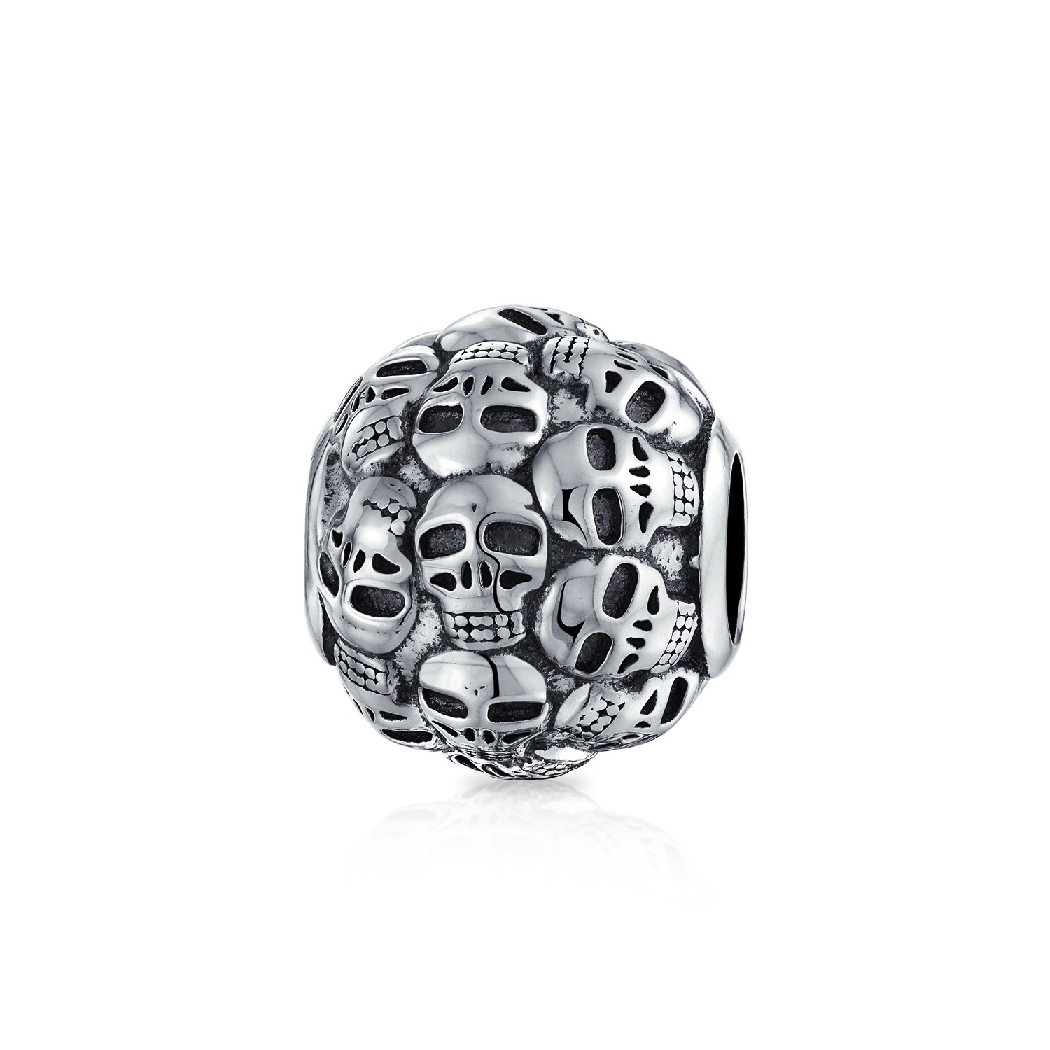 Bling Jewelry Round Barrel Multi Skeleton Skulls Diameter De Los Muertos Charm Bead For Women Oxidized .925 Sterling Silver Fits European Bracelet