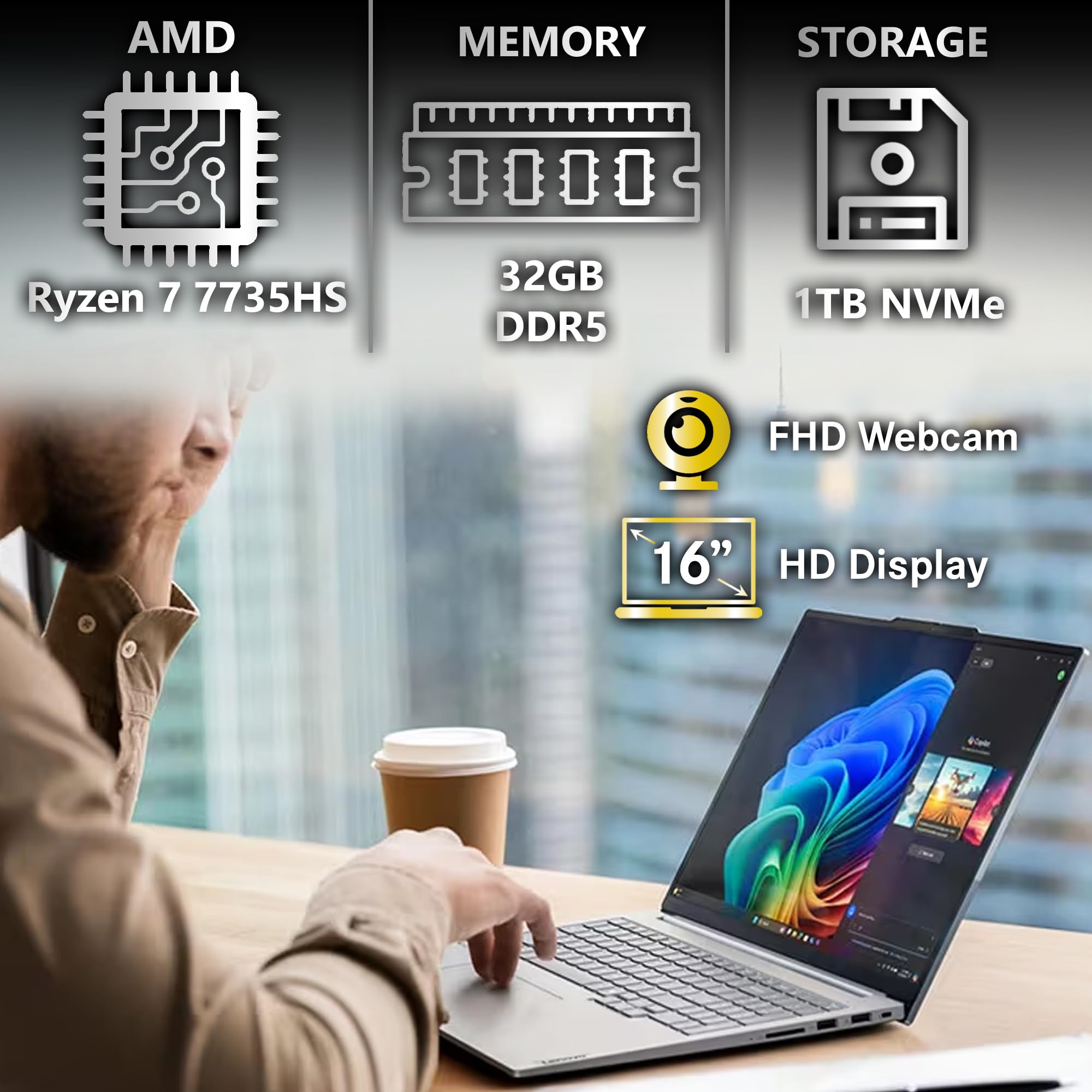 Lenovo ThinkBook 16 G7 Business Laptop, 16” FHD+, AMD Ryzen 7 7735HS, 32GB DDR5, 1TB NVMe, WiFi 6E + BT, Backlit KB, Fingerprint Reader, HD Webcam, Win 11 Pro