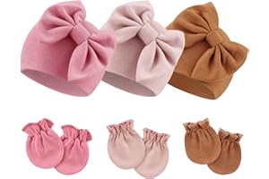 DRESHOW BQUBO Newborn Baby Hospital Hats Beanie Bow Infant Caps Baby Cotton No Scratch Mittens Set for 0-6 Months