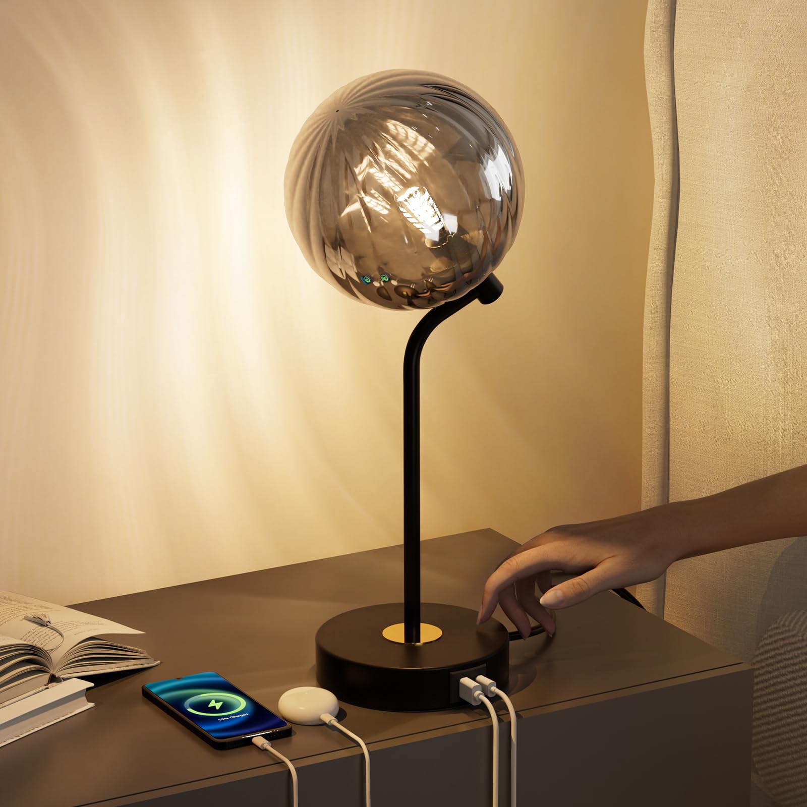 View 1 of ***(PARTS ONLY -MISSING GLOBE)*** HYMELA M14-2 Table Lamp - Mid Century Modern Night Stand Lamp with 3-Way Dimmable, USB Charging Ports, Minimalist Decorative Lamps for Living Room,Bedroom,Home Decor