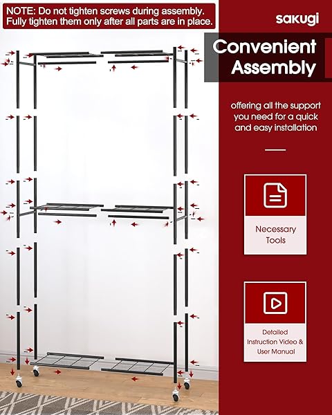 SAKUGI CLOTHES RACK – 33.0″ X 12.2″ X 79.5″ CLOTHING RACK WITH SHELVES & WHEELS, MULTI-FUNCTIONAL WARDROBE CLOSET WITH HOOKS, STURDY METAL GARMENT RACK FOR BEDROOM, LAUNDRY, BALCONY (BLACK)