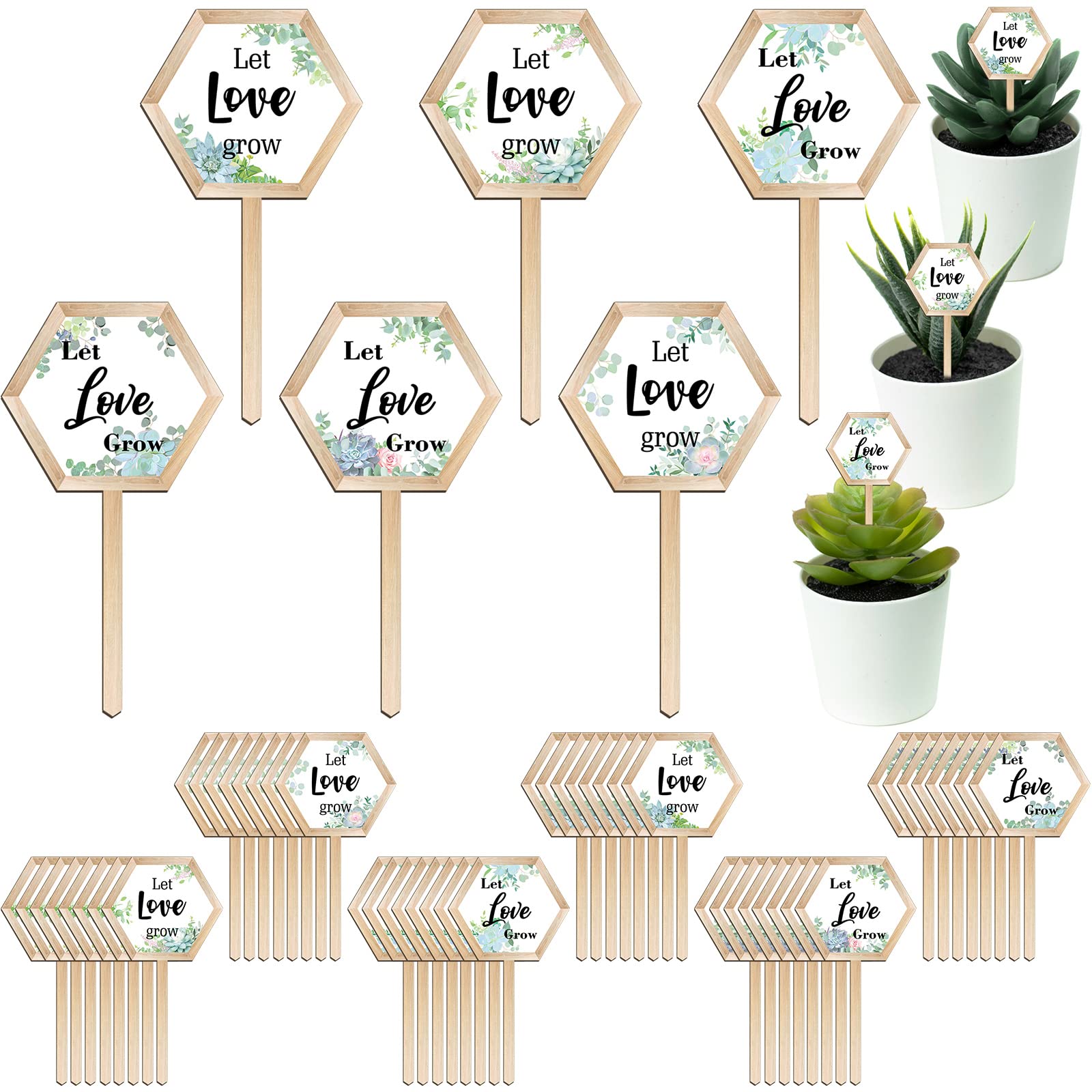 Photo 1 of 48 Pcs Let Love Grow Succulent Tags Wedding Favors Hexagon Wooden Plant Stakes Label Garden Marker Plant Sign for Wedding Gift Thanksgiving Baby Shower Seed Potted Flower Garden (Love Style)