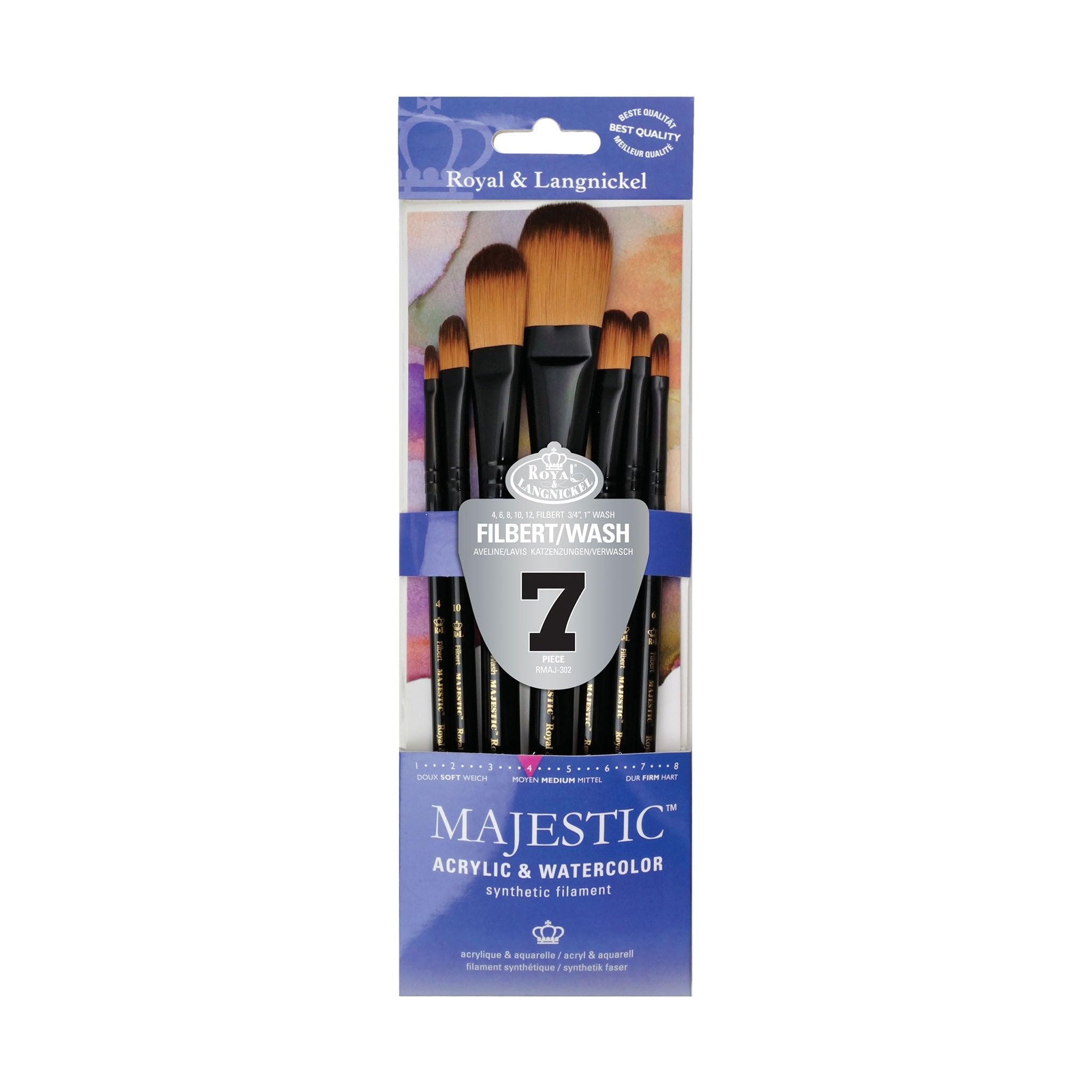Royal & Langnickel Majestic Short Handle Paint Brush Set, Filbert and Oval Wash, 7 - Piece Set