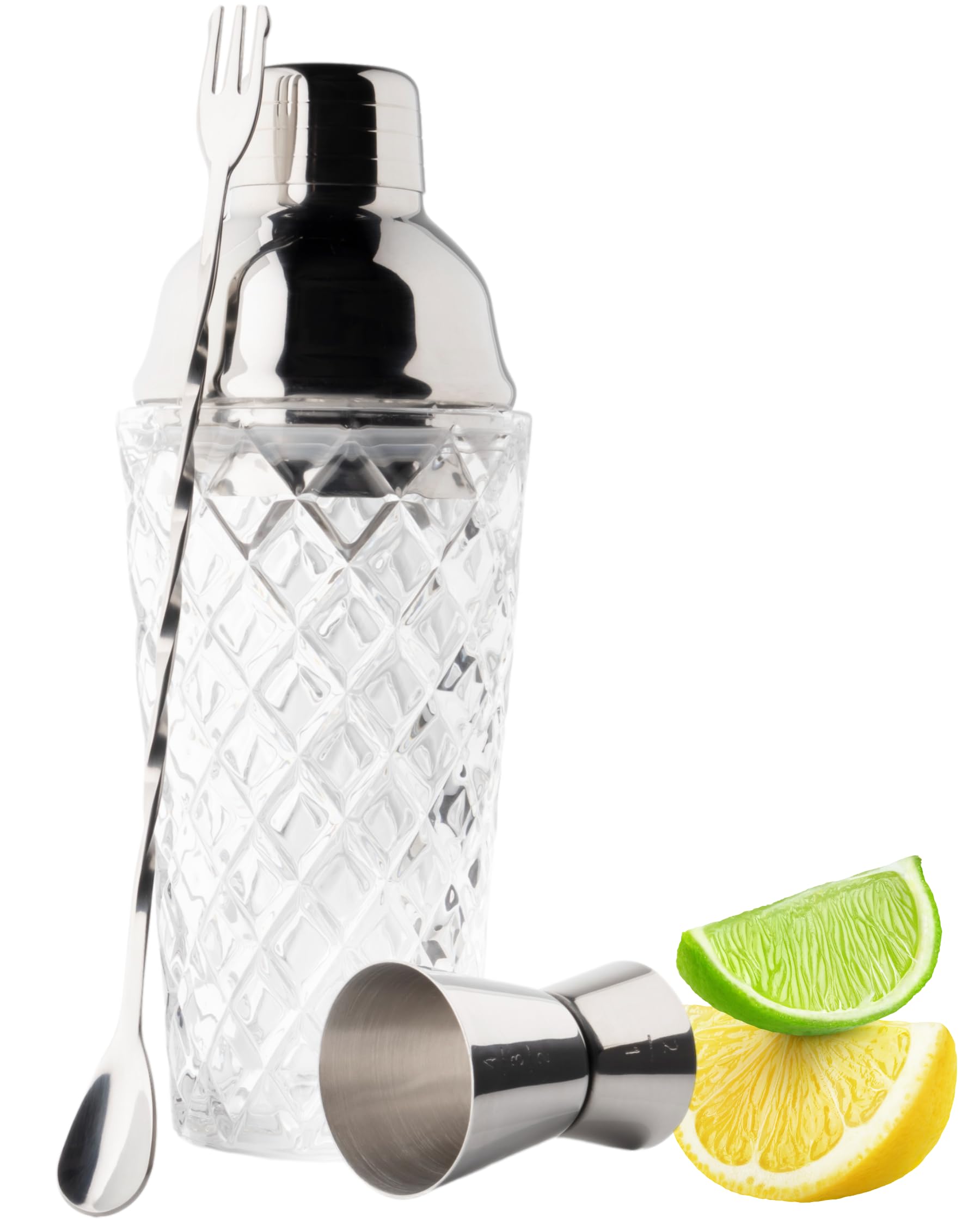 Taylor's Eye Witness Taproom 3pcs Silver Stainless-Steel & Glass Debossed Pattern Cocktail Shaker Set - Includes 400ml (14fl oz) Metal Cobbler Shaker, 25ml/40ml Double Jigger & Mixing Spoon.