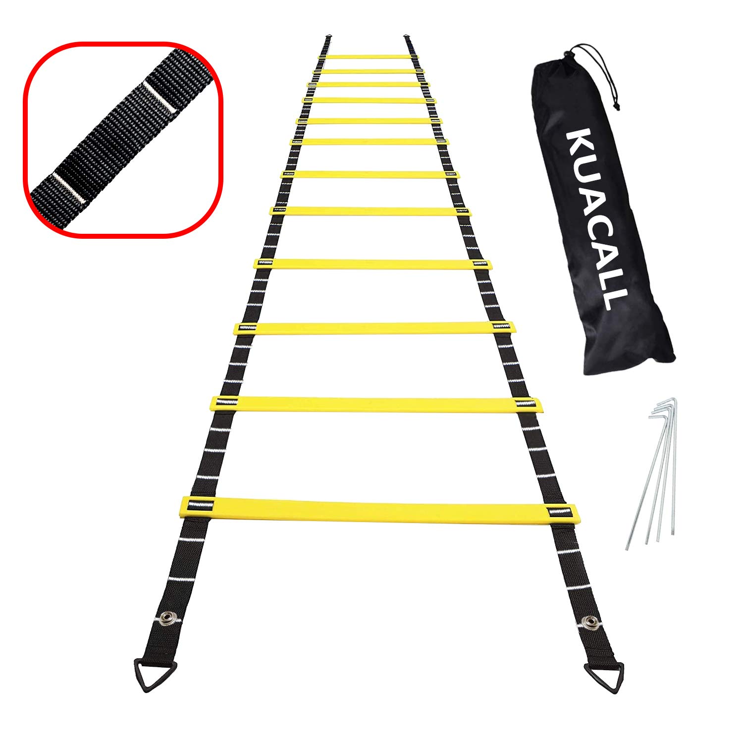 KUACALL Agility Ladder 6m 12 Rungs football Training Equipment with 5cm Tick Marks 4 Metal Pegs and Carry Bag Benefit to Adjustment Footwork Ladder Speed Ladder (Yellow)
