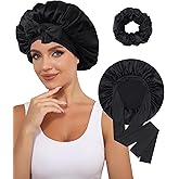 100% Mulberry Silk Bonnet for Women Hair Bonnet for Sleeping with Hair Scrunchy Elastic Tie Band Night Cap(Black)