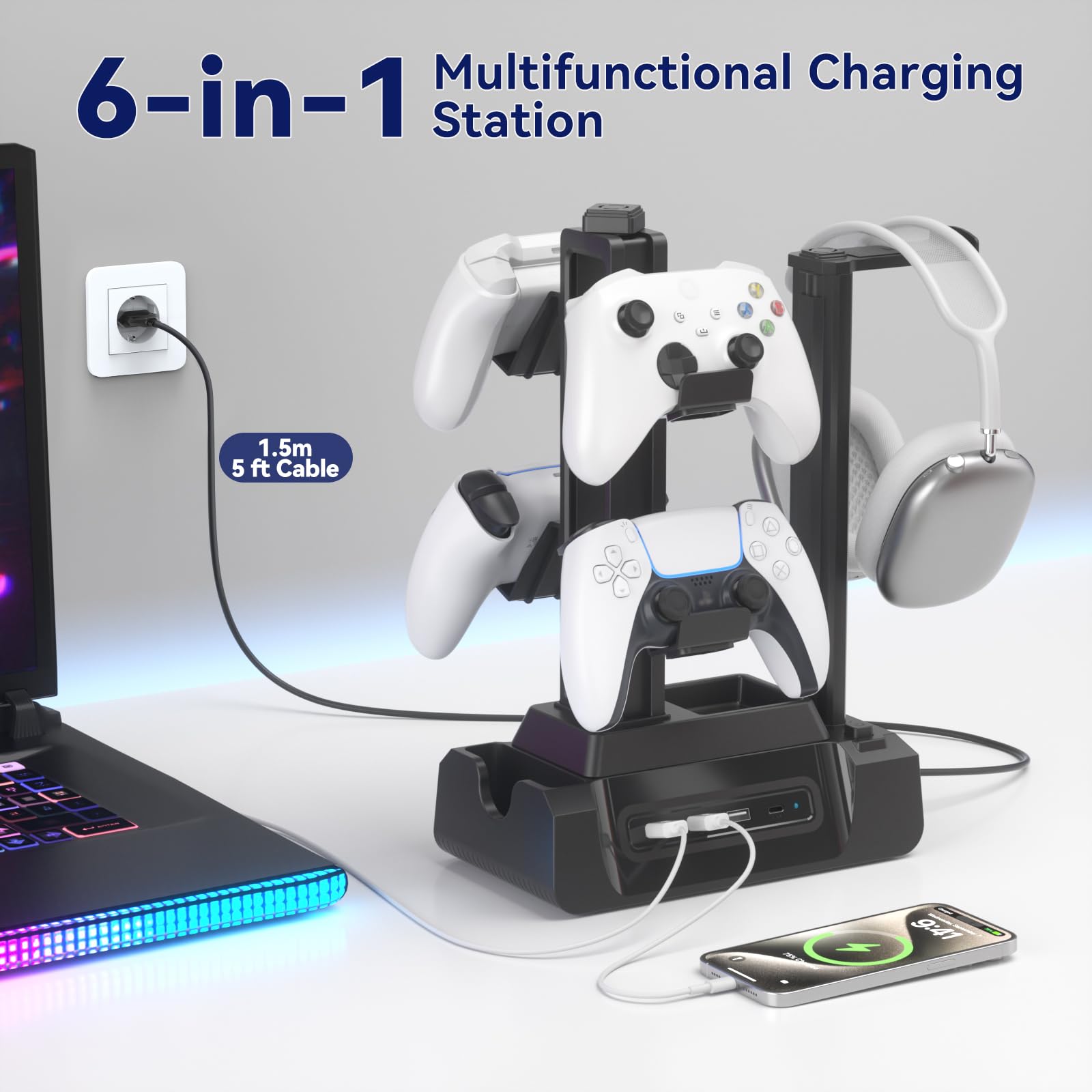 KDD Gaming Kopfhörer Ständer mit USB A Typ-C Ladegeräten, Headset Halterung Controller Halter mit Ladestation, Geräteschlitz für Handy Tablet, Kopfhörer für PC Gaming Zubehör 8