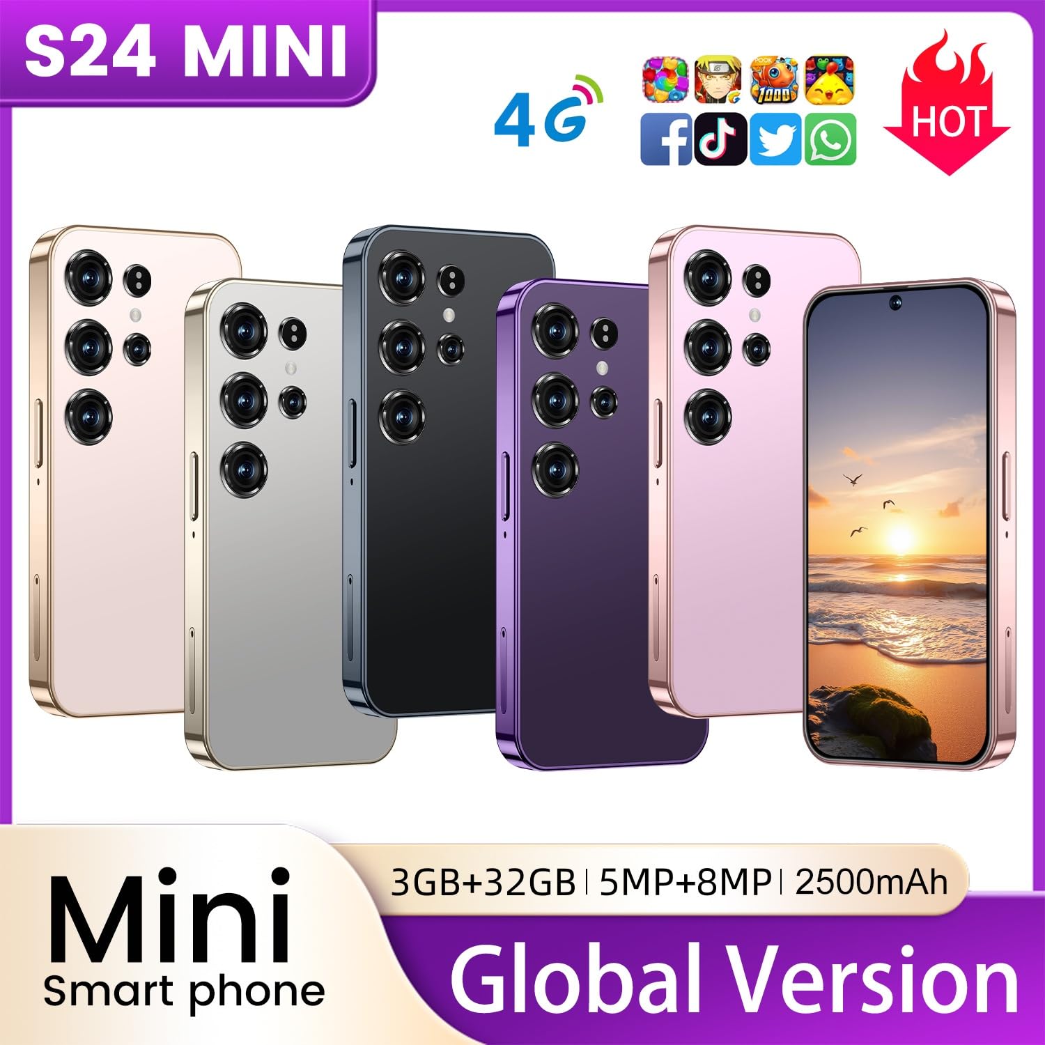 4G mini smartphone for kids 4-inch Incell HD Screen, 2600 mAh Big Battery, Dual SIM Dual Camera 5+8MP, Face Unlock 4G no contract phone (X24mini-Black)
