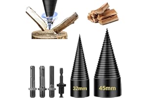 TUEJITE 45+32mm Firewood Log Splitter, Fired Wood Kindling Splitter Set Detachable Design, Heavy Duty Electric Drills Screw Cone Driver Removable, Wood Splitting Wedge Tools 6Pcs