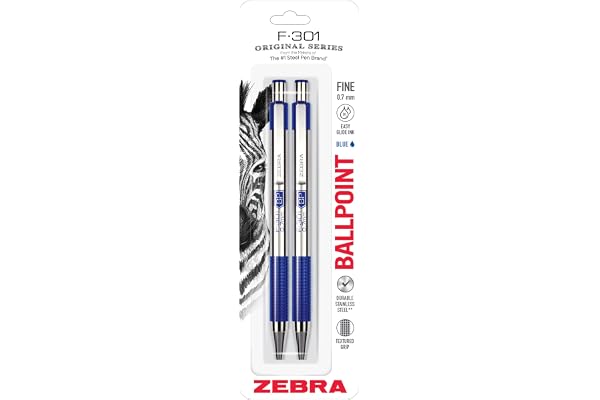 Zebra Pen F-301 Ballpoint Blue Ink Fine Point 0.7mm Pen, Easy-Glide Ink, Stainless Steel Retractable, Non-Slip Grip, Professi