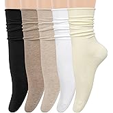 Chalier 5 Pairs Slouchy Socks for Women, Crew Cotton Socks with Cute Roll Top Casual Calf Long Sock