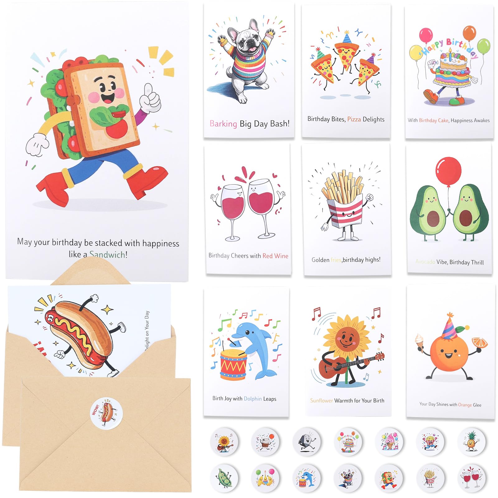 Photo 1 of 24 Pack Birthday Cards with Envelopes &Stickers -Funny Assorted Greeting Cards for Everyone -Bulk Happy Birthday Cards for Kids, Women, Men, Friends, Family Office (24 Unique Designs, 4"x6")