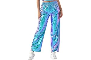 ODIZLI Womens Shiny Metallic High Waist Stretchy Jogger Pants Holographic Hip Hop Club Wear Streetwear