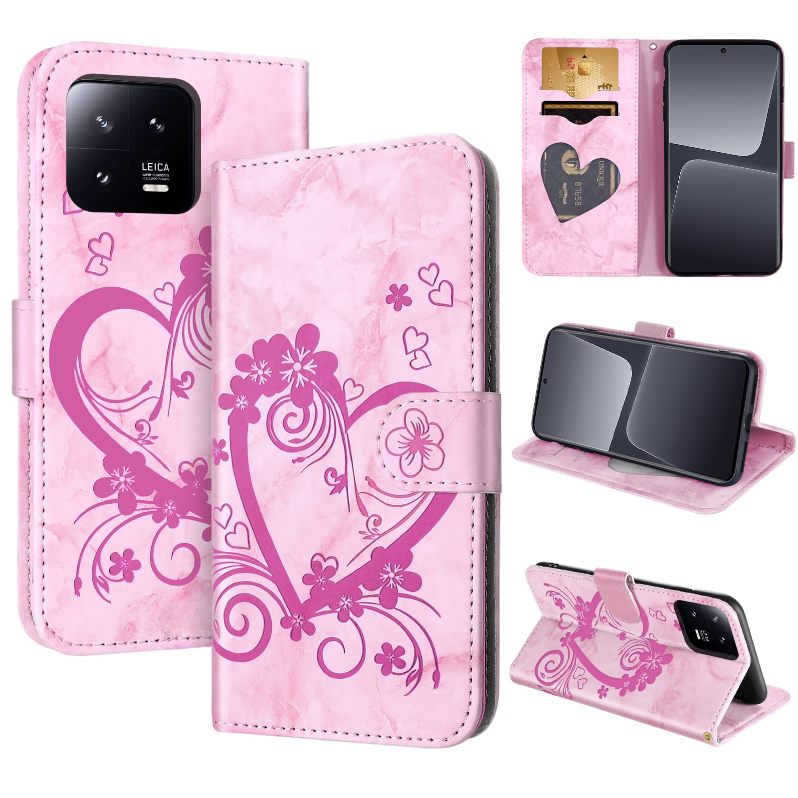 CASAFUNY Case for Xiaomi 13 Pro, Premium Leather Wallet Case Magnetic Flip Phone Case Shockproof Cover with Card Holder Kickstand for Xiaomi 13 Pro 5G, Pink — image 1
