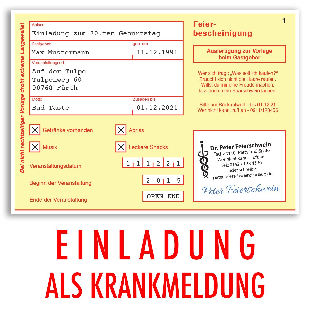 (50 x) Einladungskarten Geburtstag Krankschreibung Krankmeldung Arbeitsunfähigkeit Einladungen