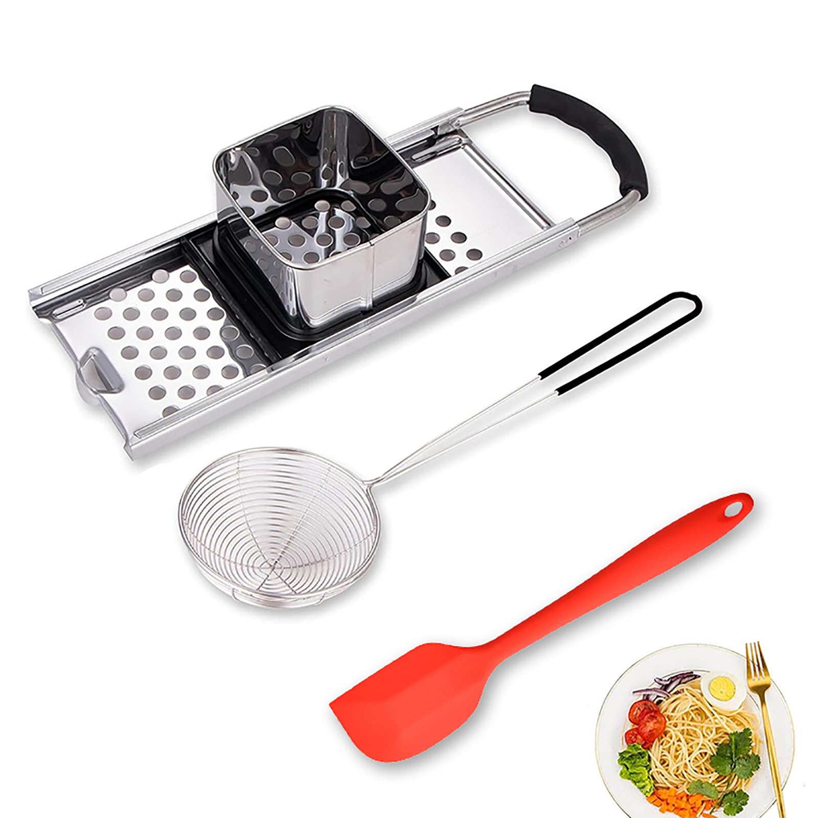 Photo 1 of Mlesi Premium Stainless Steel Spaetzle Maker Widen Plastic Handle with Skimmer Spider Strainer & Spatula Homemade Egg Noodle Dumpling Perfect for pot Making Tool (Spaetzle Maker + Strainer + Spatula)