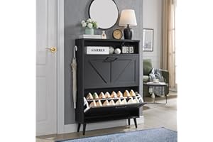 Barnyatoh Shoe Storage Cabinet,Farmhouse Shoe Organizer with 2 Flip Drawers & Barn Door Design,Freestanding Hidden Slim Narro