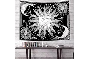 Jation Moon and Sun Tapestry Burning Sun Star Psychedelic Mystic Wall Hanging Poster Black and White Tapestry Art for Home He