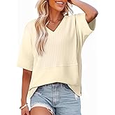 Dokotoo Oversized Tshirts for Women V-Neck Summer Tops Short Sleeve Fluffy Touch Waffle Casual Loose Fit Blouse