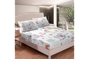 FEELYOU Kids Cute Koala Bed Sheet Set Cartoon Animal Rainbow Fitted Sheet Girls Lovely Floral Flowers Bedding Set for Children Toddler Colorful Bed Cover Ultra Soft Room Decor Full Size