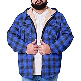 SONICDEGREE Flannel Fleece Hooded Jacket for Men Big and Tall Plaid Sherpa Thermal Lined Shirt Jacket, 7XL Blue