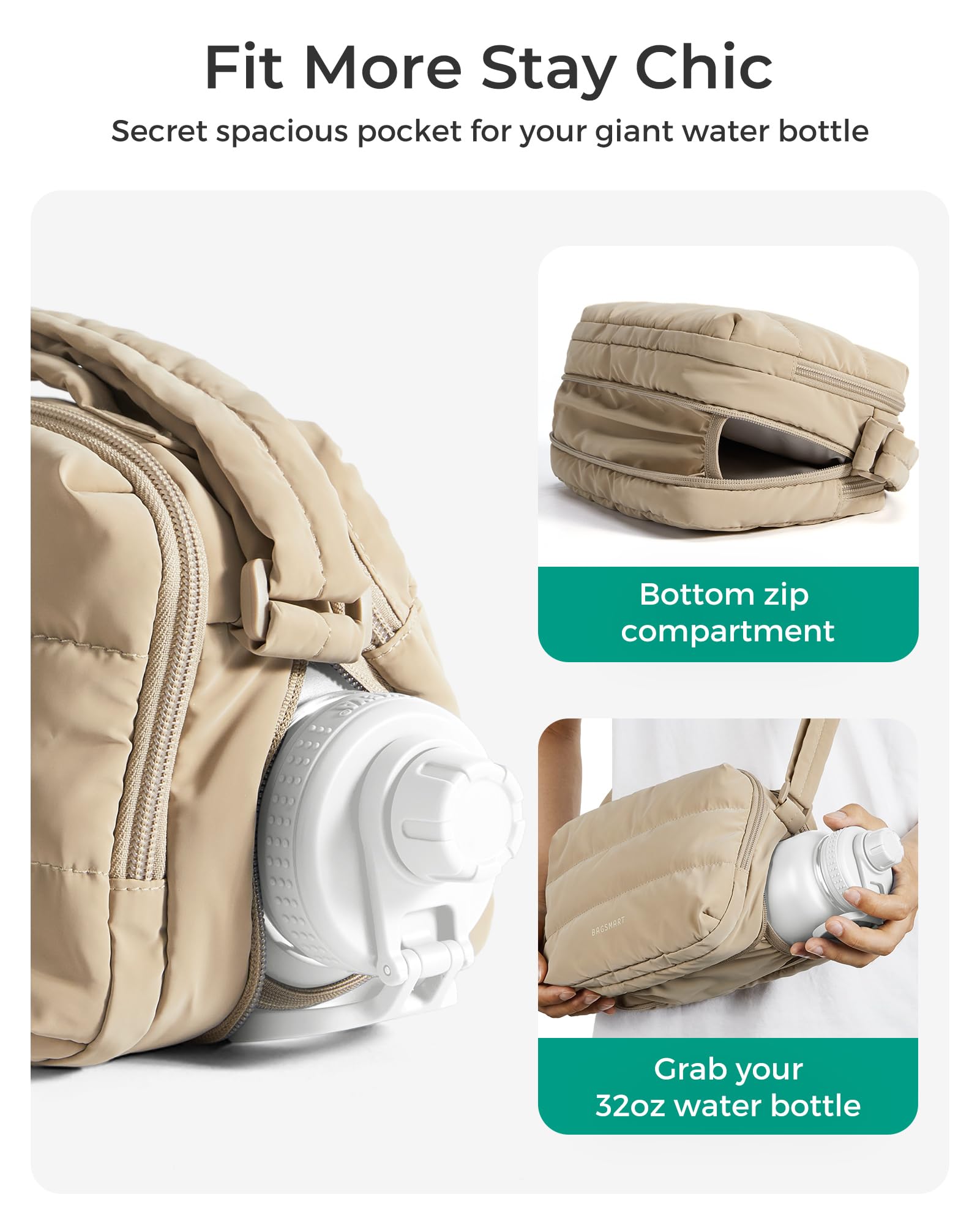 BAGSMART Travel Crossbody Purses for Women, Small Water Bottle Cross body Bag, Puffy Hobo Handbag with Water Bottle Pocket