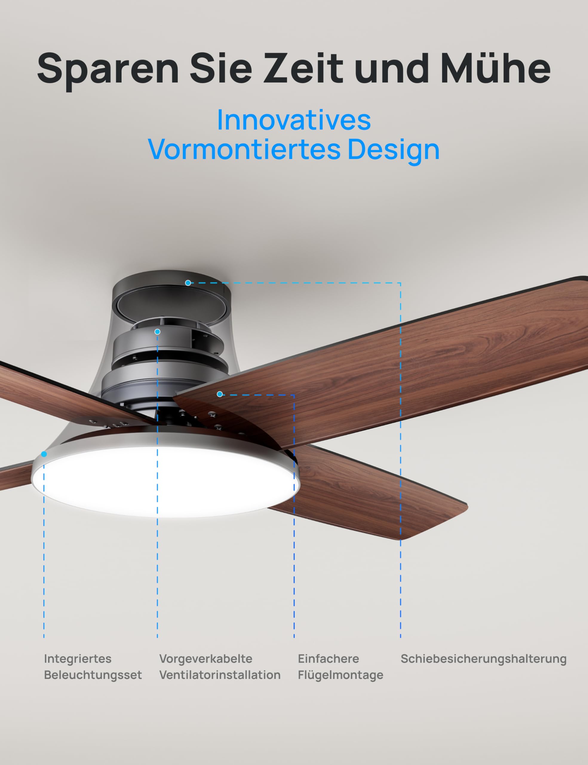 Dreo Ceiling Fan with Light and Remote Control, 44 Inch Flat Black Reversible 5CC 6 Level Dimmable 6 Speeds Quiet Timer Easy Assembly for Bedroom