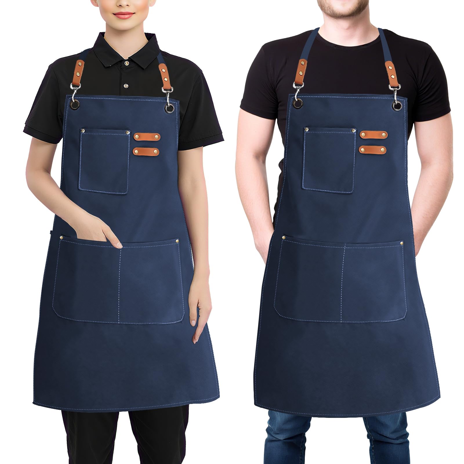 BOCHION Cotton Canvas Apron, Work Aprons for Men Women, Chef Aprons with 3 Large Pockets and Adjustable Adjustable Cross Back Straps, for Kitchen Cooking Baking Gardening BBQ Artist Painting, Blue