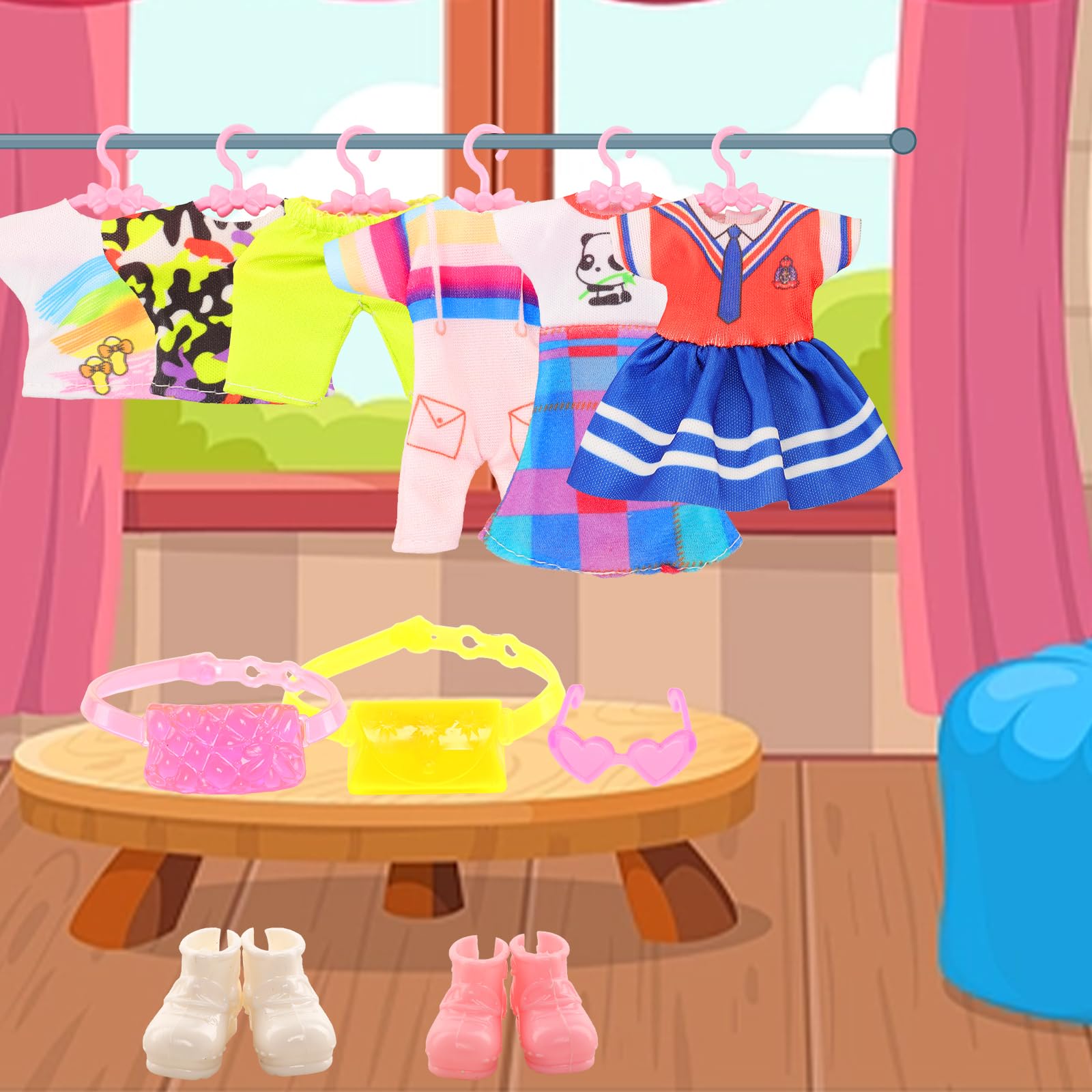 30 PCS Mini 6 Inch Doll Clothes and Accessories Include 4 Tops, 4 Pants for Boy Dolls, 5 Dresses , 2 Swimsuit and 2 Shoes, 10 Outfits Hangers Pocket Glasses Headset Crown for 5.3-6 Inch Dolls