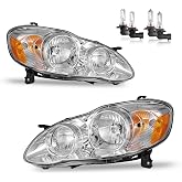 KarSpareHub Halogen Headlights for 2003-2008 Toyota Corolla | Headlights Assembly with High/Low Beam Bulbs, Chrome Housing Amber Reflector, Driver &amp; Passenger Side