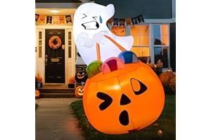 Joiedomi 5 FT Tall Halloween Inflatables Outdoor Decorations, Inflatable Cute Ghost Halloween Decor Outdoor, Blow Up Ghost Lift Pumpkin Candy Bag with Build-in LEDs for Yard Decorations