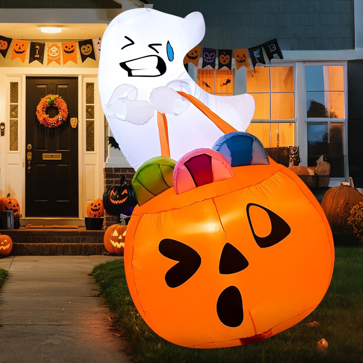 Photo 1 of Joiedomi 5 FT Tall Halloween Inflatables Outdoor Decorations, Inflatable Cute Ghost Halloween Decor Outdoor, Blow Up Ghost Lift Pumpkin Candy Bag with Build-in LEDs for Yard Decorations