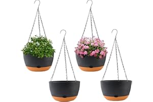 KPUVX 4 Pack Plastic Hanging pots for Plants Indoor,8 Inch Plant Pot Indoor Outdoor Hanging Baskets,Hanging Flower Pots with Drainage Holes and Chain for Garden Porch Plants(Black)