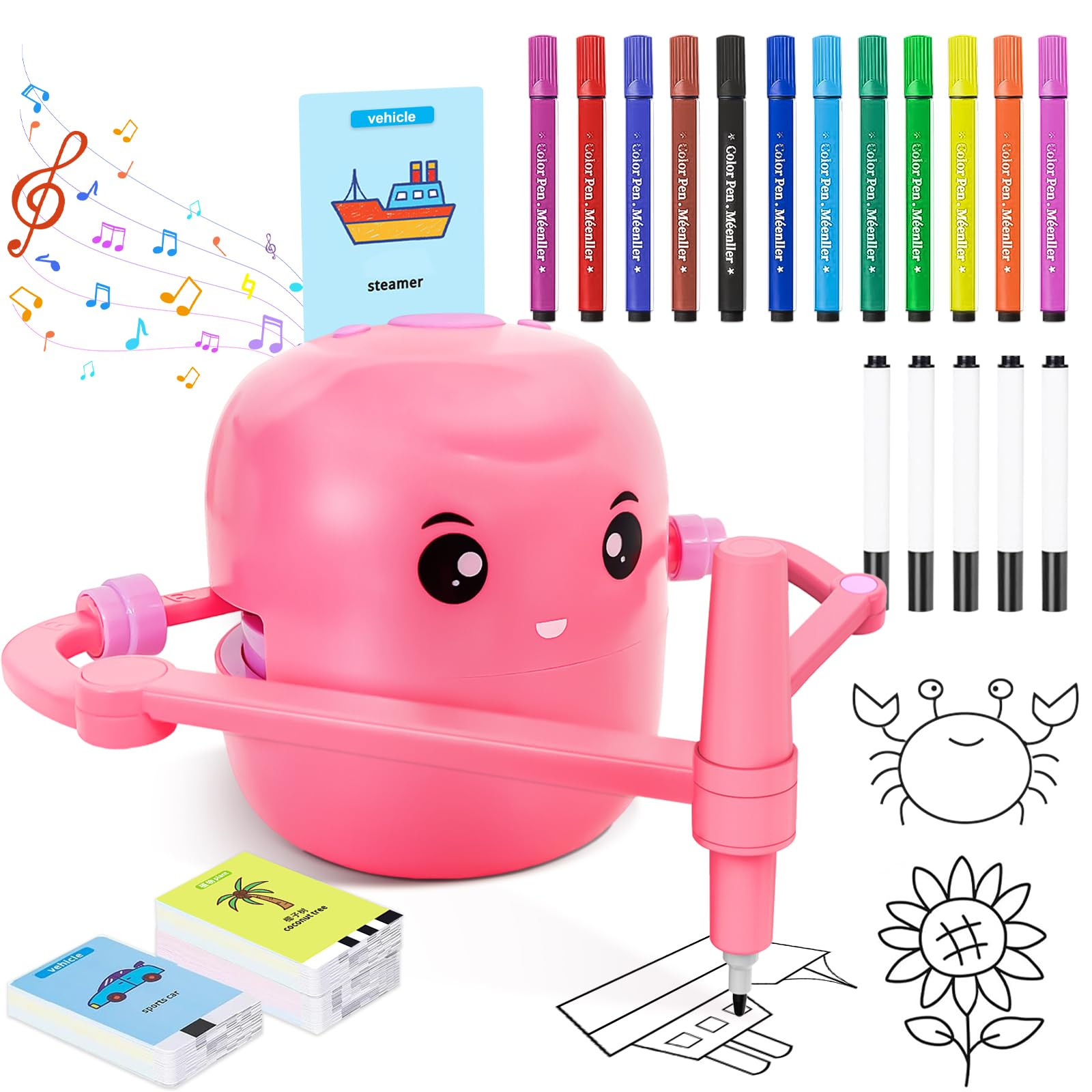Drawing Robot for Kids with 150 Learning Cards & 17 Colorful Pens, Voice Interactive Educational Smart Art Painting Machine, Step-by-Step Drawing for Boys Girls Early Learning & STEM Toys (Pink)