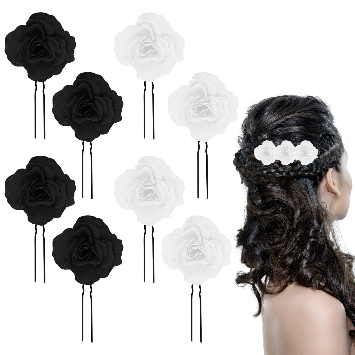 8 PCS White Black Rose Flower Hair Clips U Shape Floral Bobby Pins,Vintage Rose Hair Accessories for Women Girls Party Beach Wedding(White+Black)