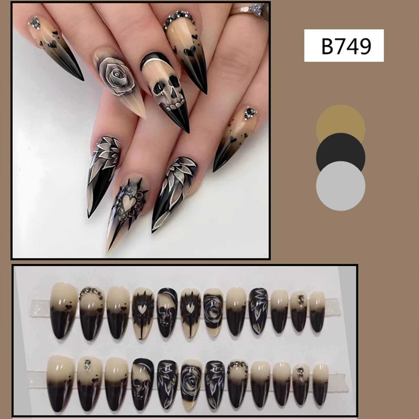 Halloween Press on Nails Long Almond Fake Nails Goth Skull Black Rose False Nails with Design Rhinestone Acrylic Glue on Nails Glossy Full Cover Stiletto Artificial Stick on Nails for Women Manicure - Image 4