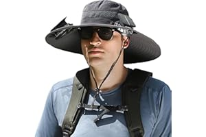 PUREADEE Men's Wide Brim Solar Fan Outdoor Fishing Hat in Grey - Includes 2 Solar Fans