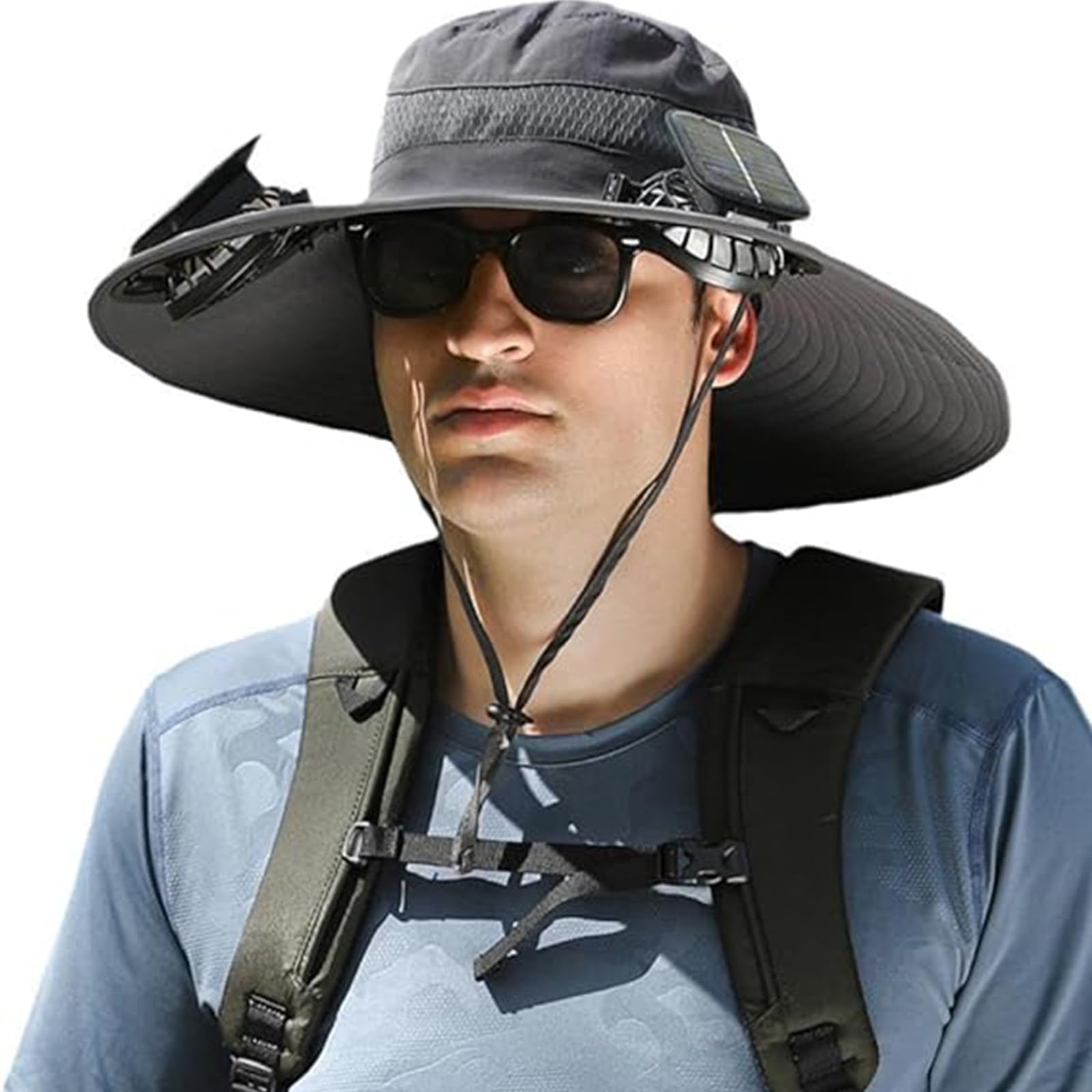 Photo 1 of (MISSING FANS) Men's Wide Brim Solar Fan Outdoor Fishing Hat in Grey - Includes 2 Solar Fans