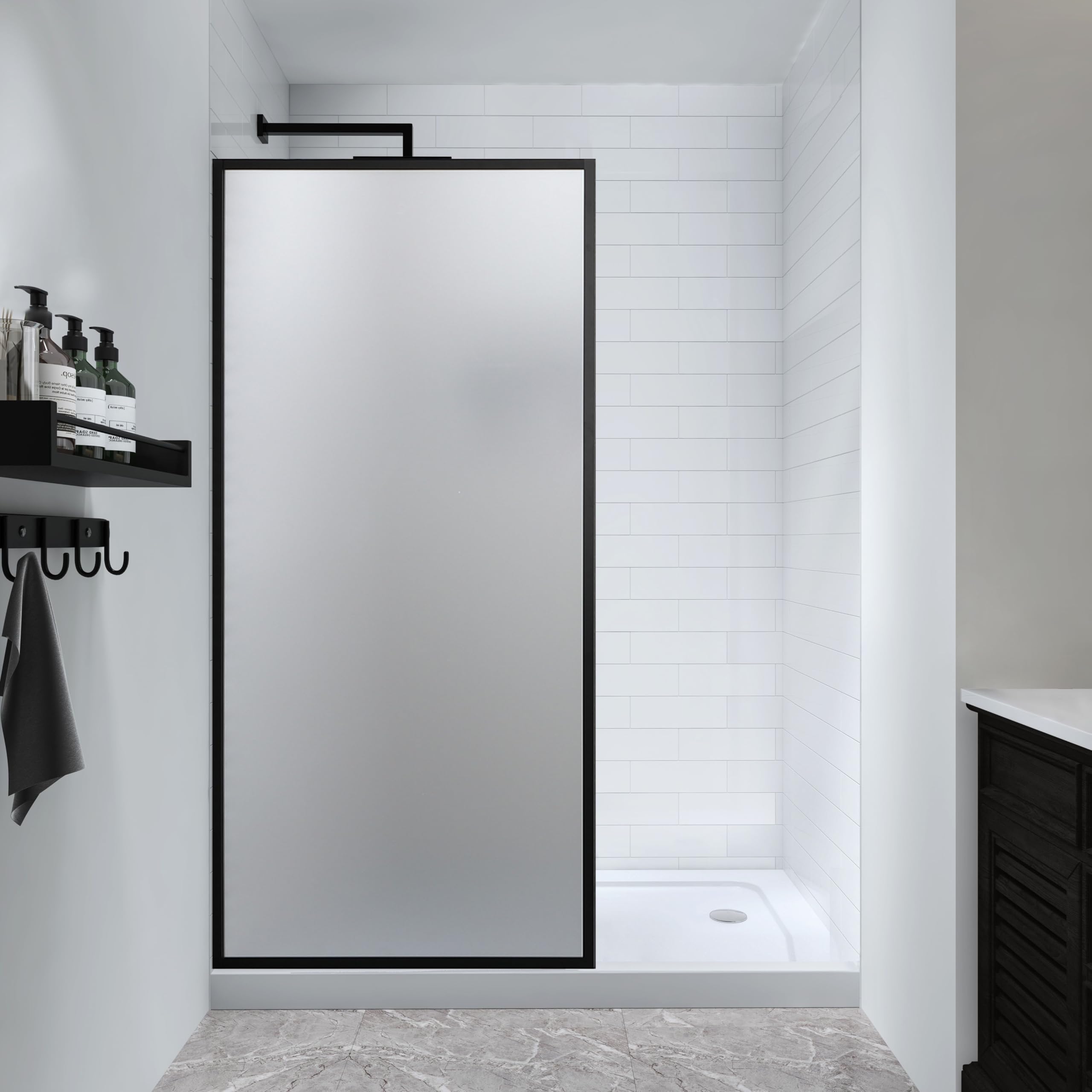 Photo 1 of 34" W x 72" H Fixed Framed Shower Door Shower Screen Panel in Matte Black Finish with 5/16" (8mm) Frosted SGCC Tempered Glass, Reversible Installation