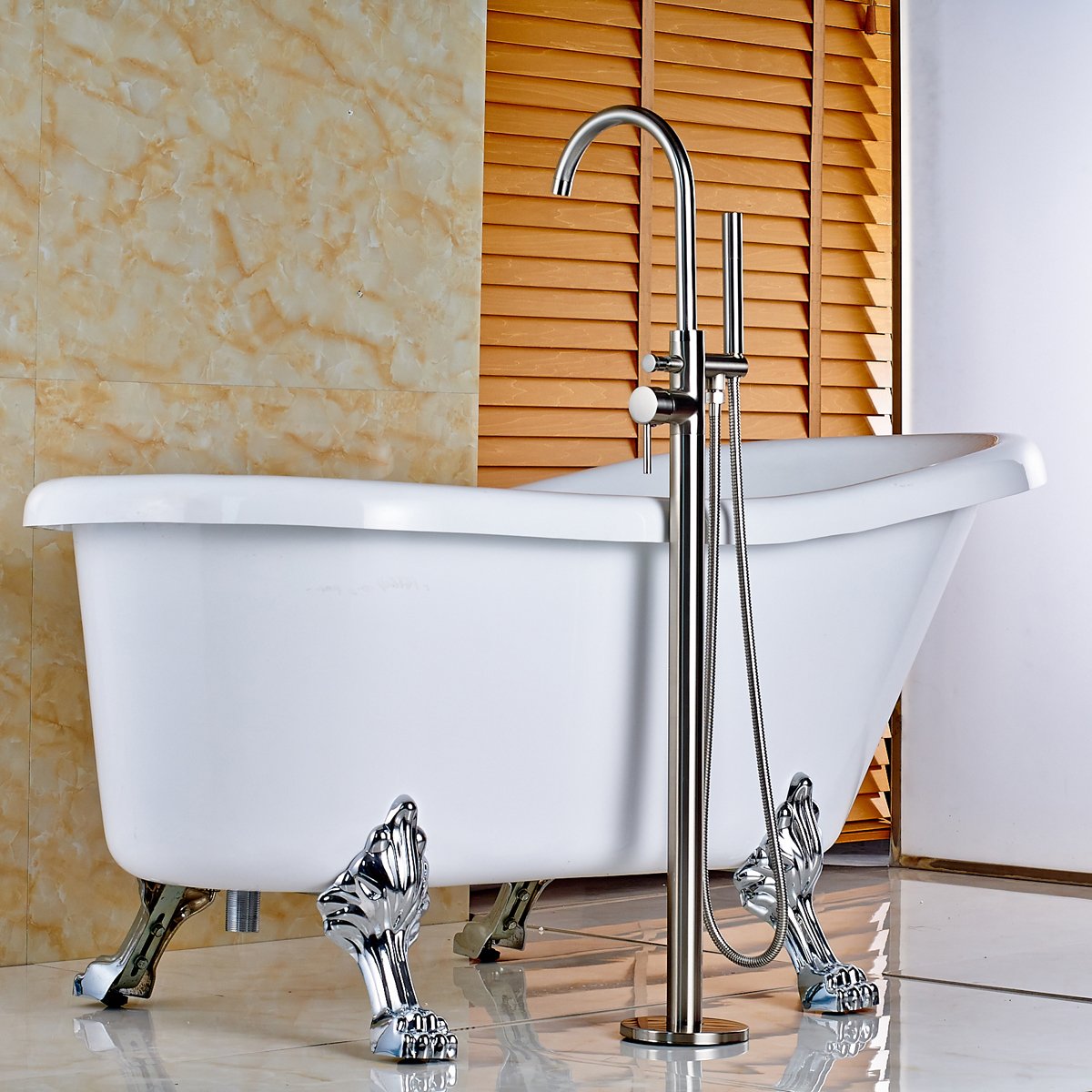 Votamuta New Chrome Polished Floor Mounted Bathtub Shower Faucets Set