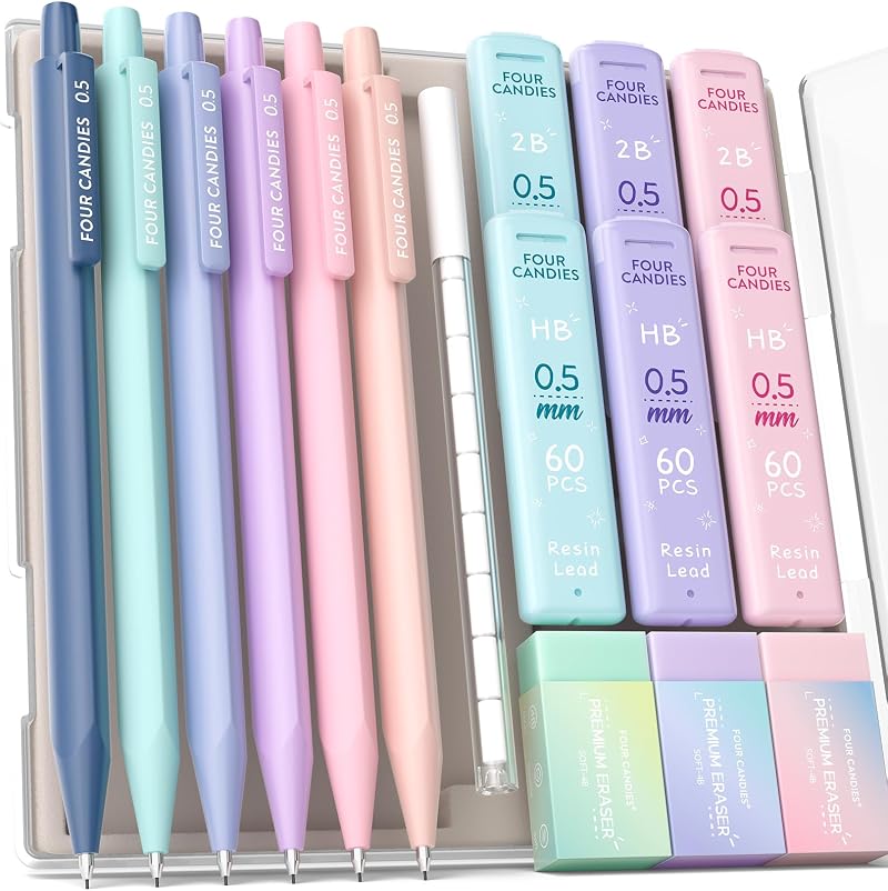 Four Candies Mechanical Pencils 0.5mm Set with HB 2B Leads 16ct Case