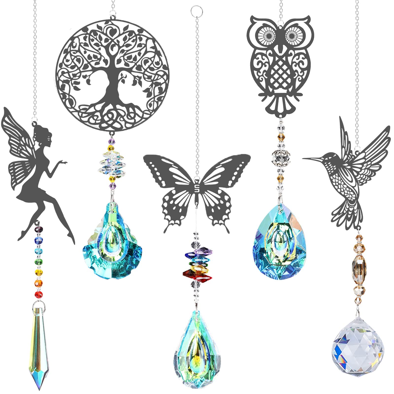 Suncatcher Crystal Wind Chimes, Pack of 5 Tree Owls Hummingbird Butterfly Fairy Pendant, Rainbow Crystal, Window Decoration, Hanging for Home, Office, Garden, Outdoor Decoration