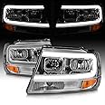 AmeriLite for 1999-2004 Jeep Grand Cherokee LED Light Bar Crystal Chrome Replacement Headlights Set - Driver and Passenger Side
